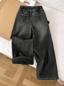 SHEIN 少女款松紧腰带口袋蝴蝶结装饰保暖内衬休闲阔腿牛仔裤 - 淺灰色 - 查看 3