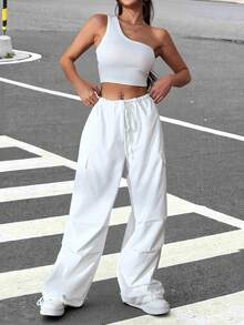 SHEIN EZwear 單肩短款上衣和腰部抽繩側翻蓋口袋工裝褲