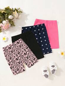 SHEIN Playful Pals 4件套女童可爱蝴蝶印花短裤，休闲舒适打底裤，适合日常穿着，婴幼儿夏季短裤 - 彩色 - 查看 2