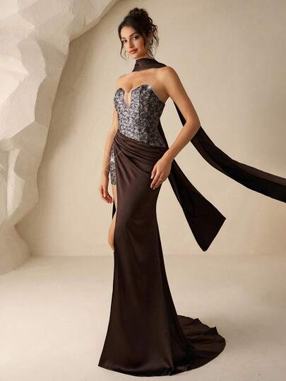 Coutiva Women's Sequin Patchwork Pleated Side Slit Hem Flowy Elegant Party Dress