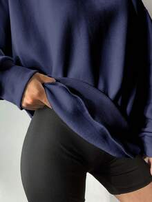 EURMUSE 100%Cotton Slogan Graphic Drop Shoulder Sweatshirt - Navy Blue - View 3