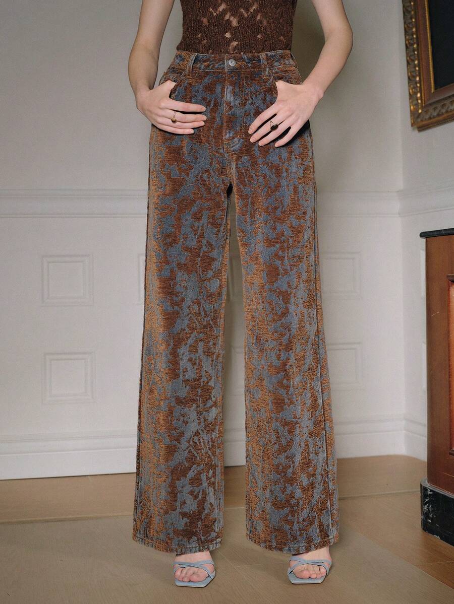 Anewsta Tall High-Waisted Wide-Leg Jeans With Velvet Jacquard Design, Loose Fit Slimming Straight Leg Jeans For Women, Autumn - Multicolor - View 1