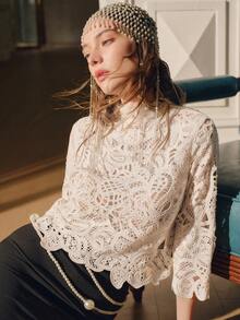 Anewsta Women's Summer Cashew Flower Hollow Out Fitted Knit Top With Slight High Collar And Flared Sleeves - Apricot - View 7