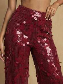 Glamine 高腰亮片阔腿米色长裤，适合节日派对服装、成人服装、女士优雅装扮、约会之夜阔腿裤、亮片女裤。 - 酒紅色 - 查看 3