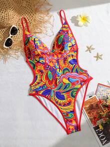 Swim SXY Áo tắm liền thân in họa tiết, cổ chữ V sâu, hở lưng, gợi cảm dành cho nữ, thích hợp cho kỳ nghỉ hè và đi biển. - Nhiều màu - Xem 4