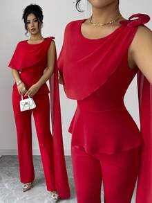 Rafferiza Bộ đồ nữ thanh lịch gồm áo không tay ôm sát và quần ống đứng bằng vải chiffon mỏng họa tiết hoa 3D, thích hợp cho mùa xuân/hè. - Đỏ - Xem 7