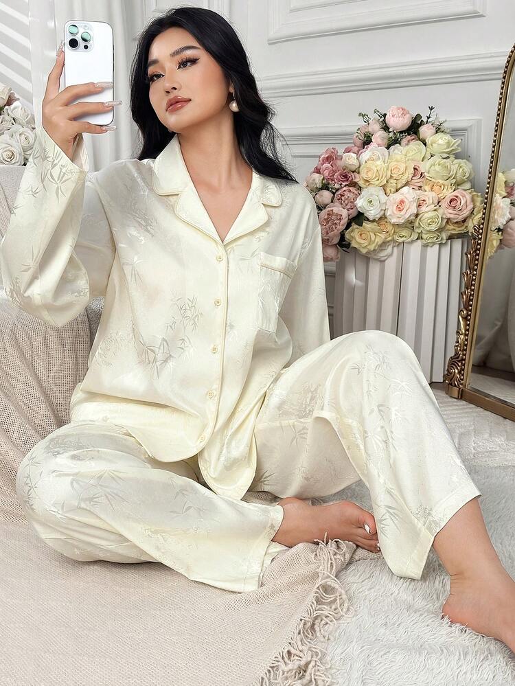 Dazy Plus Elegant Jacquard Knit Loose Long Sleeve Cardigan And Straight Pants Pajama Set, Spring/Autumn