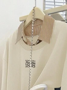 Franclia 女式休闲条纹拼布运动衫，秋季 - 杏色 - 查看 3