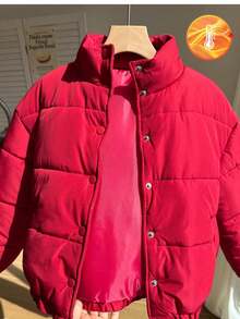 SHEIN 1pc Tween Girl Minimalist Solid Color Stand Collar Short Padded Coat, Winter - Burgundy - View 1