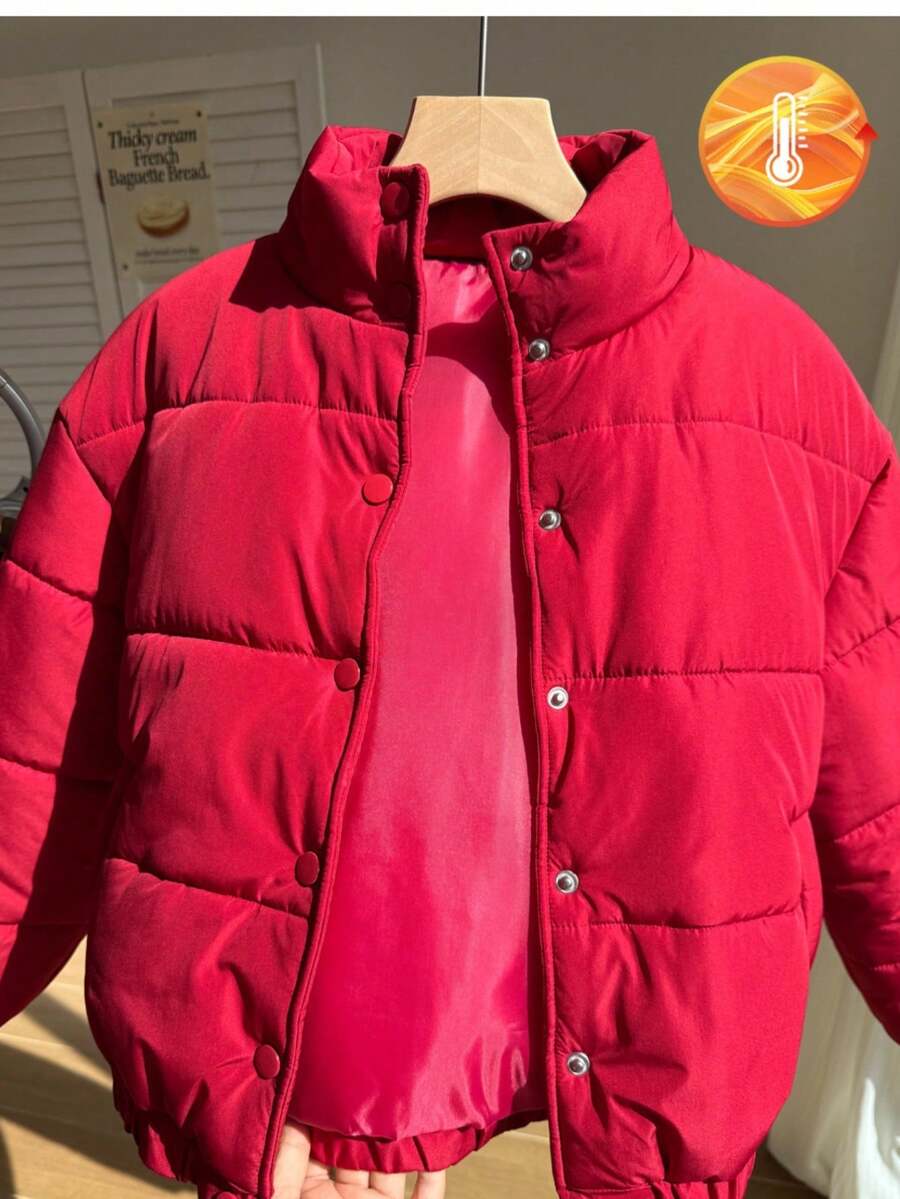 SHEIN 1pc Tween Girl Minimalist Solid Color Stand Collar Short Padded Coat, Winter - Burgundy - View 1