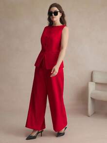Maija 大码纯色前扣无袖上衣搭配带口袋阔腿裤优雅套装 红色优雅女装秋冬套装 - 紅色 - 查看 5