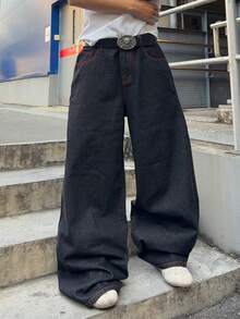 ROMWE MEN 男士休闲字母和翅膀刺绣宽松牛仔裤 - 黑色 - 查看 3