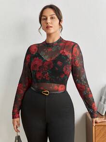 Maija Plus Size Women Rose Floral Sheer Blouse, Long Sleeve Fitted Top Spring To Summer Spring Outfit Womenvalentine's Day Carnival Fasching Women Costume Party Beach Wedding Vacation Casual - Red - View 1