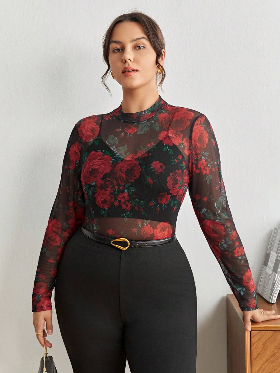 Maija Plus Size Women Rose Floral Sheer Blouse, Long Sleeve Fitted Top Spring To Summer Spring Outfit Womenvalentine's Day Carnival Fasching Women Costume Party Beach Wedding Vacation Casual - Red - View 1