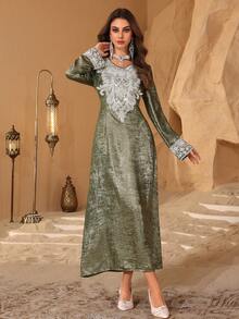 Al Najma 土耳其新款奢华烫金印花刺绣网纱边饰长袍 - 綠色 - 查看 3