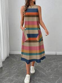 SHEIN LUNE Vestido casual de mujer de longitud media con estampado de bloques de color a rayas, adecuado para primavera/verano - Multicolor - Ver 5