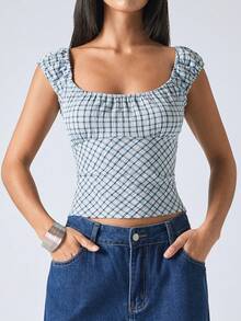 LYSMO 格子印花荷叶边衬衫，短袖上衣