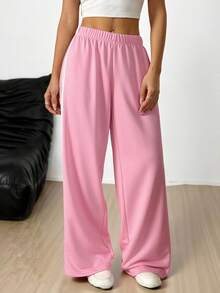 SHEIN PETITE Back To School Fall Outfits Women Clothes Women's Casual Wide Leg Sweatpants With Contrasting Stripes, Pink,Fall Clothes For Women Baggy - Pink - View 1