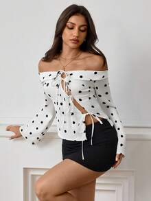 Aidyla Off Shoulder White Polka Dot Tie-Up Hollow Sexy Blouse - Black and White - View 6