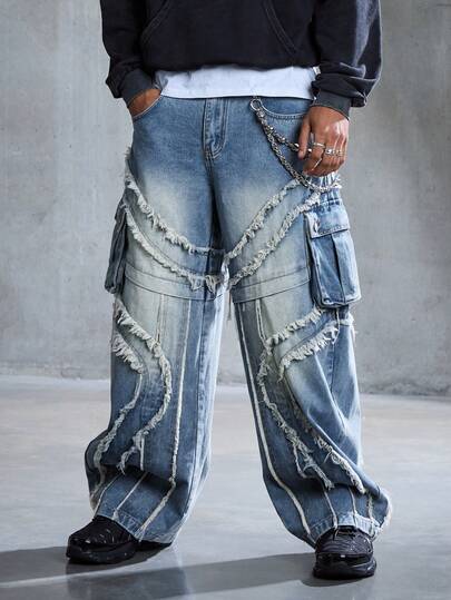 Street Life Men's Casual Avant Loose Fit Slant Pocket Distressed Denim Jeans