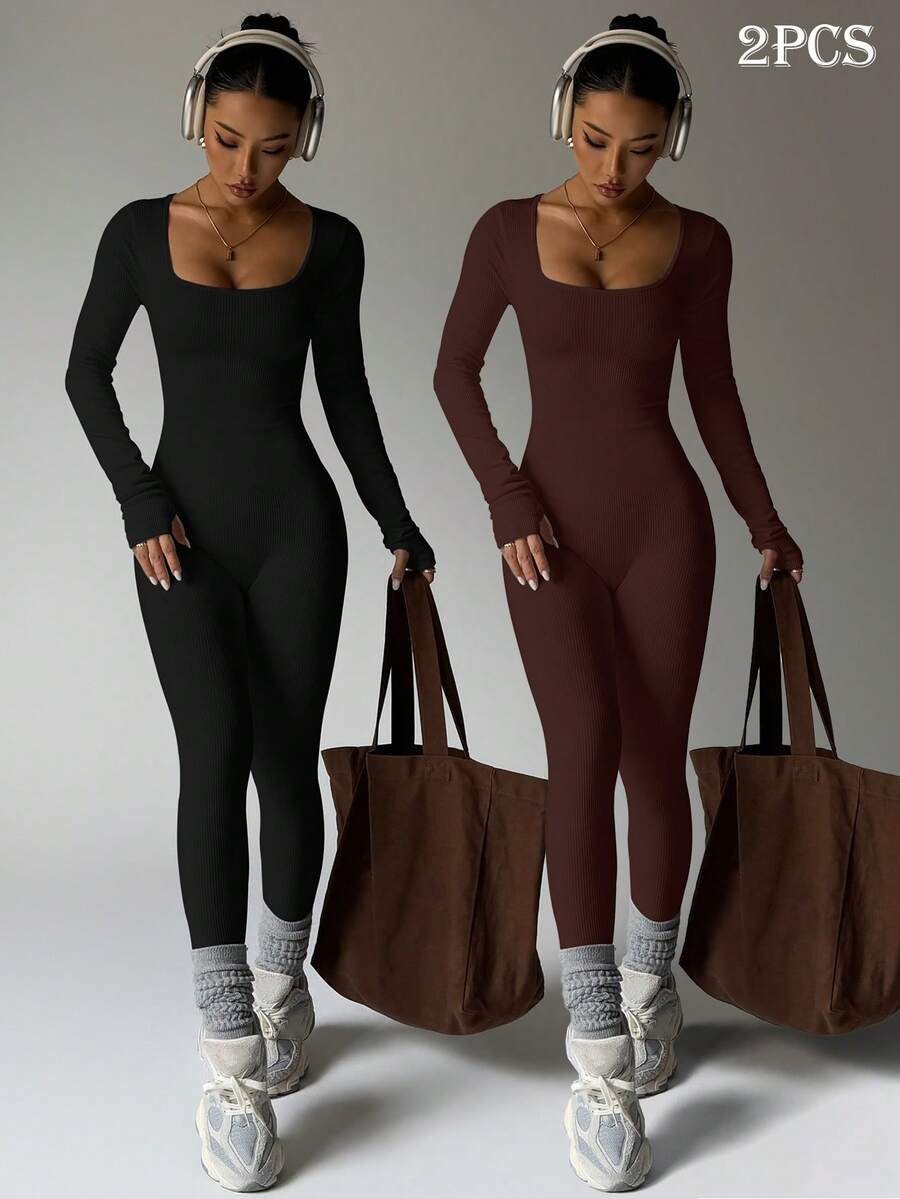 Dewbera Dewbera 2PCS Women's Black Autumn Athleisure Basic Gym Solid Color Round Neck Long Sleeve Jumpsuit,Seamless Workout Compression Legging Unitard Bodysuit - Multicolor - View 1