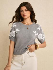 Poéselle 女士花卉刺绣圆领短袖休闲针织上衣 - 灰色 - 查看 4