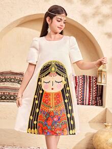 SHEIN 少女编织可爱图案圆领休闲连衣裙 - 金色 - 查看 3