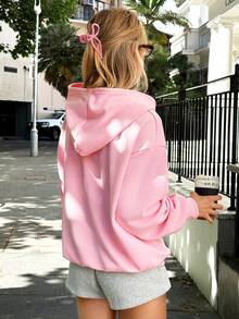 SHEIN EZwear Casual Minimalist Horse Print Hooded Long Sleeve Loose Fit Sweatshirt For Women, Suitable For Autumn/Winter,Fall - Baby Pink - View 2
