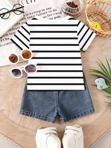 2pcs/Set Baby Boy Casual Striped Bear Print Short Sleeve T-Shirt And Distressed Denim Shorts Set, Suitable For Outings In Summer