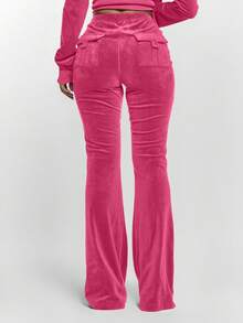 MUSERA 抽绳系带褶皱前片低腰丝绒修身喇叭裤（仅裤子）性感外出夜游可爱街头风夏季休闲裤 - 玫紅色 - 查看 4