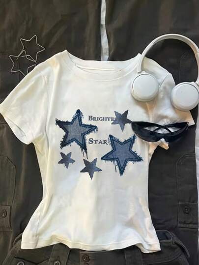 Glimmora Casual Round Neck Short Sleeve Fitted Women's T-Shirt, Vintage Star Print, Suitable For Summer
