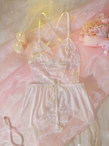 DelicateAllure 女士性感蕾丝拼接连体衣，带蝴蝶结装饰 - 白色 - 查看 2