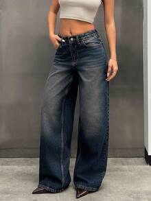 EURMUSE 低腰阔腿深色洗水牛仔裤 - 深色水洗藍 - 查看 6