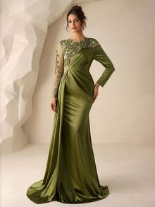 Coutiva Elegant Round Neck Long-Sleeved Evening Gown With Sequin Embroidery, Satin Fabric, Three-Dimensional Appliques, Faux Pearl And Rhinestone Design, And Mermaid Hem. Suitable For Brides, Mothers-In-Law, Wedding Guests, And Bridesmaids. - Green - View 3