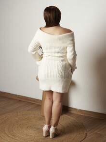 Lupita Cardoza Off Shoulder Fuzzy Ball Pendant Decor Women Himekaji Sweater Party Dress For New Year, Valentine's Day - Beige - View 2