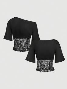 SHEIN MOD Áo nữ màu trơn phối ren, kiểu dáng bất đối xứng vai, thích hợp cho lễ hội, đi biển, mặc hàng ngày, phong cách Boho, Y2K, đi chơi, kiểu miền Tây, áo ren đen, áo dự tiệc, đi biển, thời trang đường phố, phong cách đồng quê, áo vintage, mùa xuân/hè, áo hai kiểu, áo đen, áo gợi cảm, lễ tình nhân, mùa xuân, kỳ nghỉ hè, áo đi chơi, áo Y2K. - màu đen - Xem 5