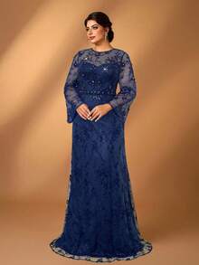 Serin 大码优雅浪漫咖啡色圆领薄纱长袖奢华刺绣珍珠水钻装饰美人鱼裙摆正式礼服，适合新娘母亲穿着 - 藏蓝色 - 查看 1