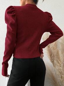 EURMUSE Women Cotton Solid Gigot Sleeve Ribbed Knit Tee