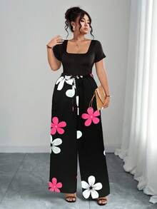 SHEIN Tall 大码女式印花方领短袖阔腿连体裤 - 黑色 - 查看 3