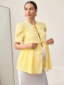 MaterniWear Maternity Round Neck Short Puff Sleeve Front Tie Fashionable Nursing Top - Yellow - View 4