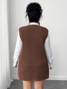 Elenzga 大码女式宽松针织圆领休闲日常纯色毛衣背心，带大口袋，秋冬季 - 咖啡棕 - 查看 2