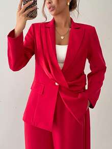 Women's Elegant Single-Breasted Flared Sleeve Blazer Suit Set For Commuting - Red - View 4