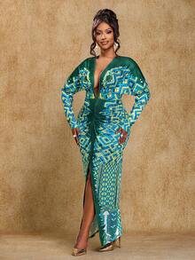 Brilight Women's Elegant V-Neck High Slit Long Slim Dress, Sexy Deep V Neckline, High Waist Dress, Geometric Pattern Print Dress, Spring And Summer, Autumn Dress, Halloween Dress, Christmas Dress, Party, Afternoon Tea And Other Occasions