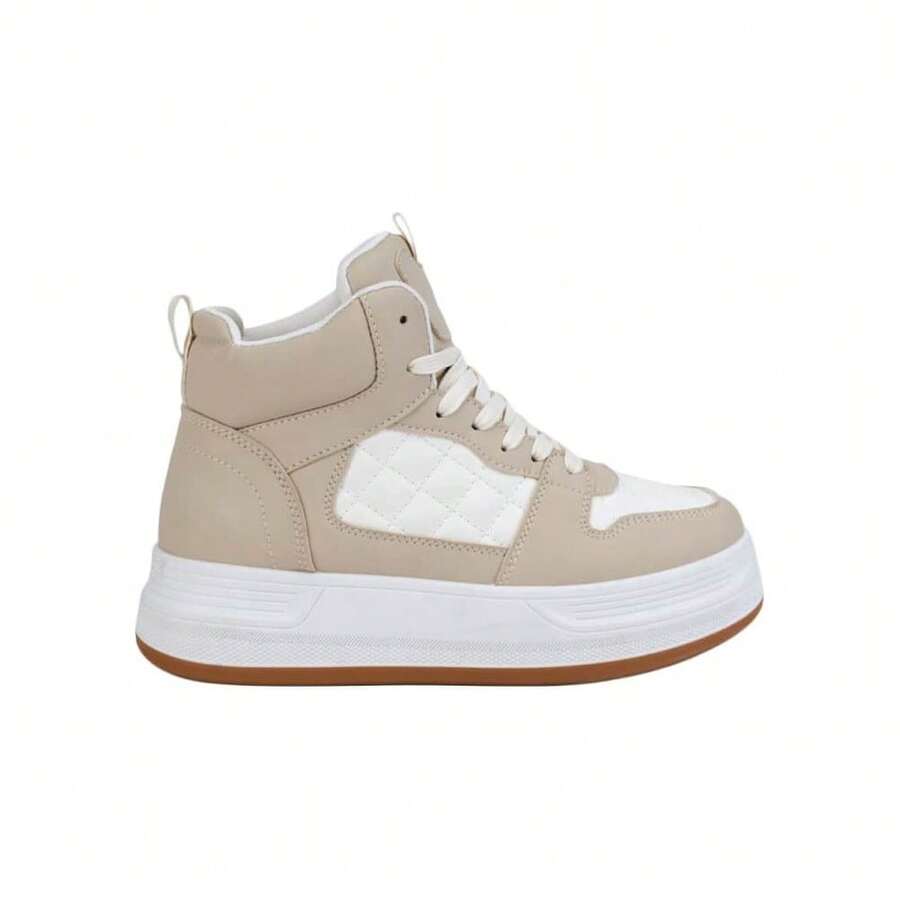 Tenis mujer diseño acolchado punta redonda cordones suela gruesa estilo urbano diario zapatillas altas - Beis - Ver 1