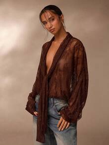 Glamine Lace Blouse, Sheer Lace Blouse, V-Neck Long Sleeve Sheer Lace Blouse - Brown - View 8