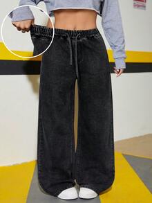 Teen Girl Casual Washed Drawstring Waist Wide Leg Jeans - Black - View 4