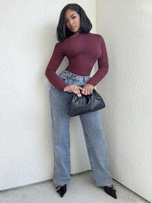 Alexandranx 1 件女式优雅纯色不对称领口长袖紧身衣，秋季 - 酒紅色 - 查看 4