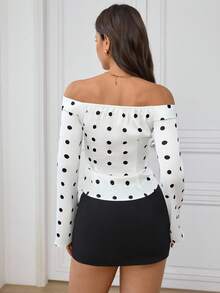 Aidyla Off Shoulder White Polka Dot Tie-Up Hollow Sexy Blouse - Black and White - View 2