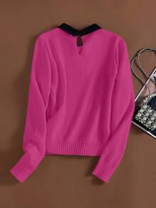 Franclia Vintage élégant pull tricoté 2 en 1 avec décoration de diamant, col, manches longues, porter décontracté tous les jours, retour à l'école, automne/hiver - Rose vif - Voir 2