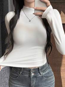 DAZY 女士高领修身长袖T恤 - 白色 - 查看 1